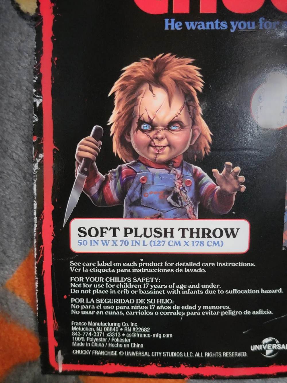 Chucky horror plush throw blanket